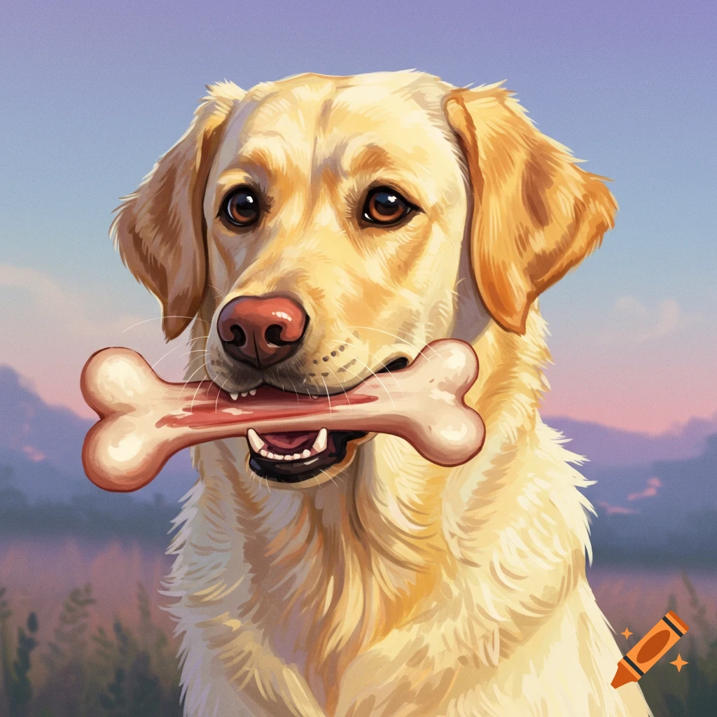 Yellow Labrador retriever holds a bone.