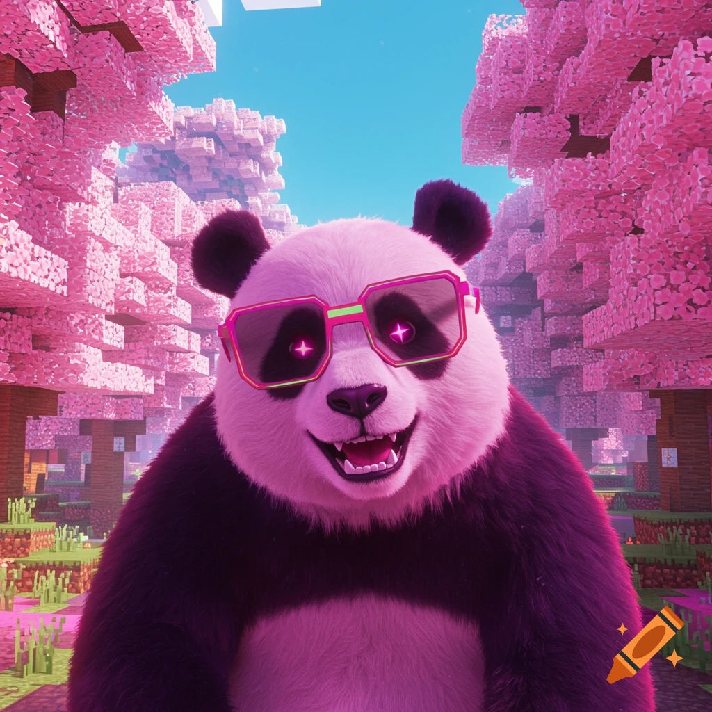 A cool panda wearing pink sunglasses smiles in a blocky Minecraft-style cherry blossom forest.
