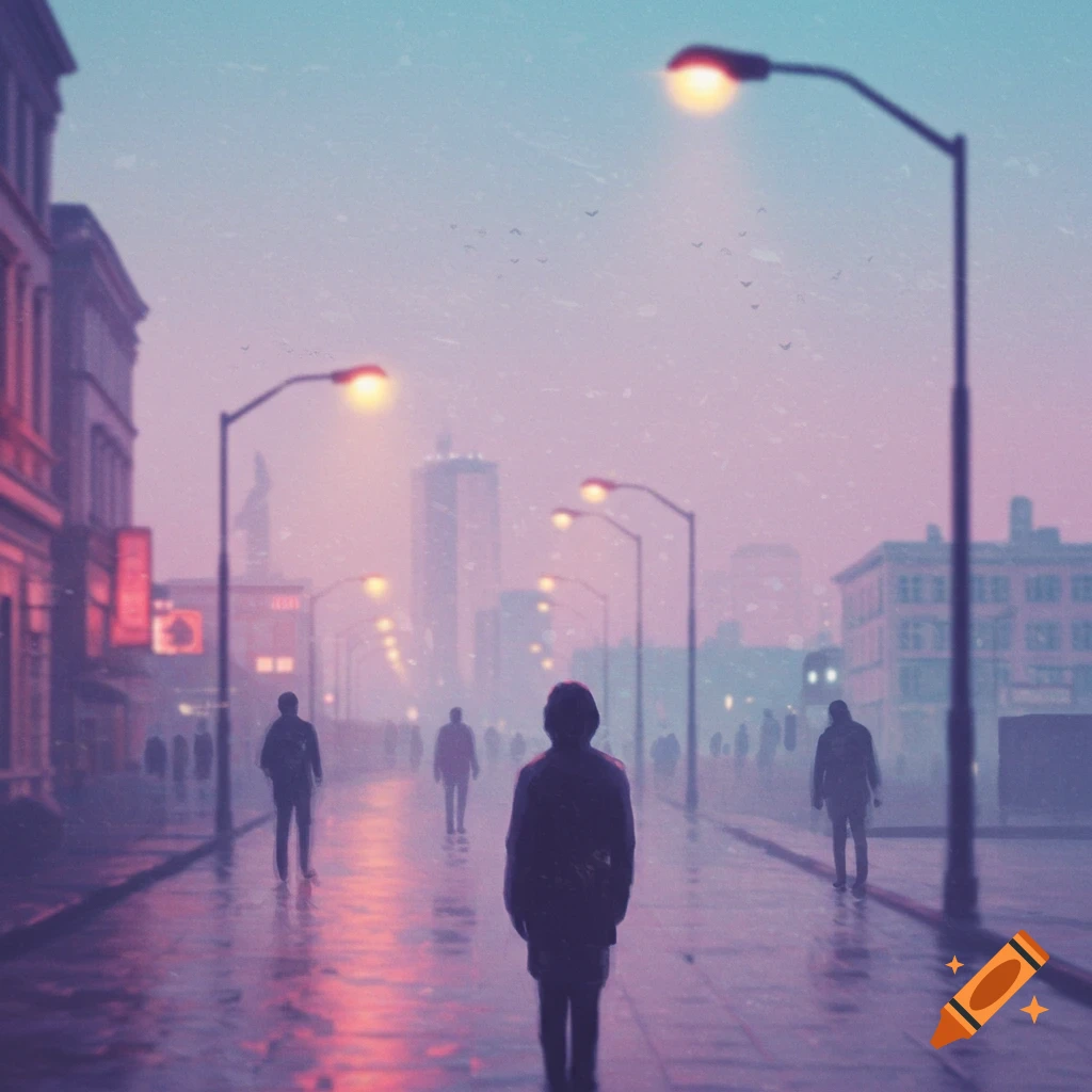 Atmospheric image of people walking on a wet city street at dusk, streetlights glowing.