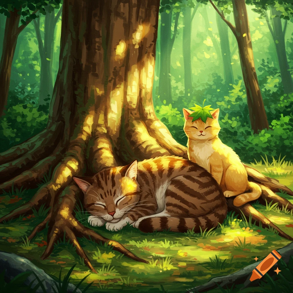 A sleeping tabby cat and a yellow cat with a leaf hat are under a tree in a sunny forest.