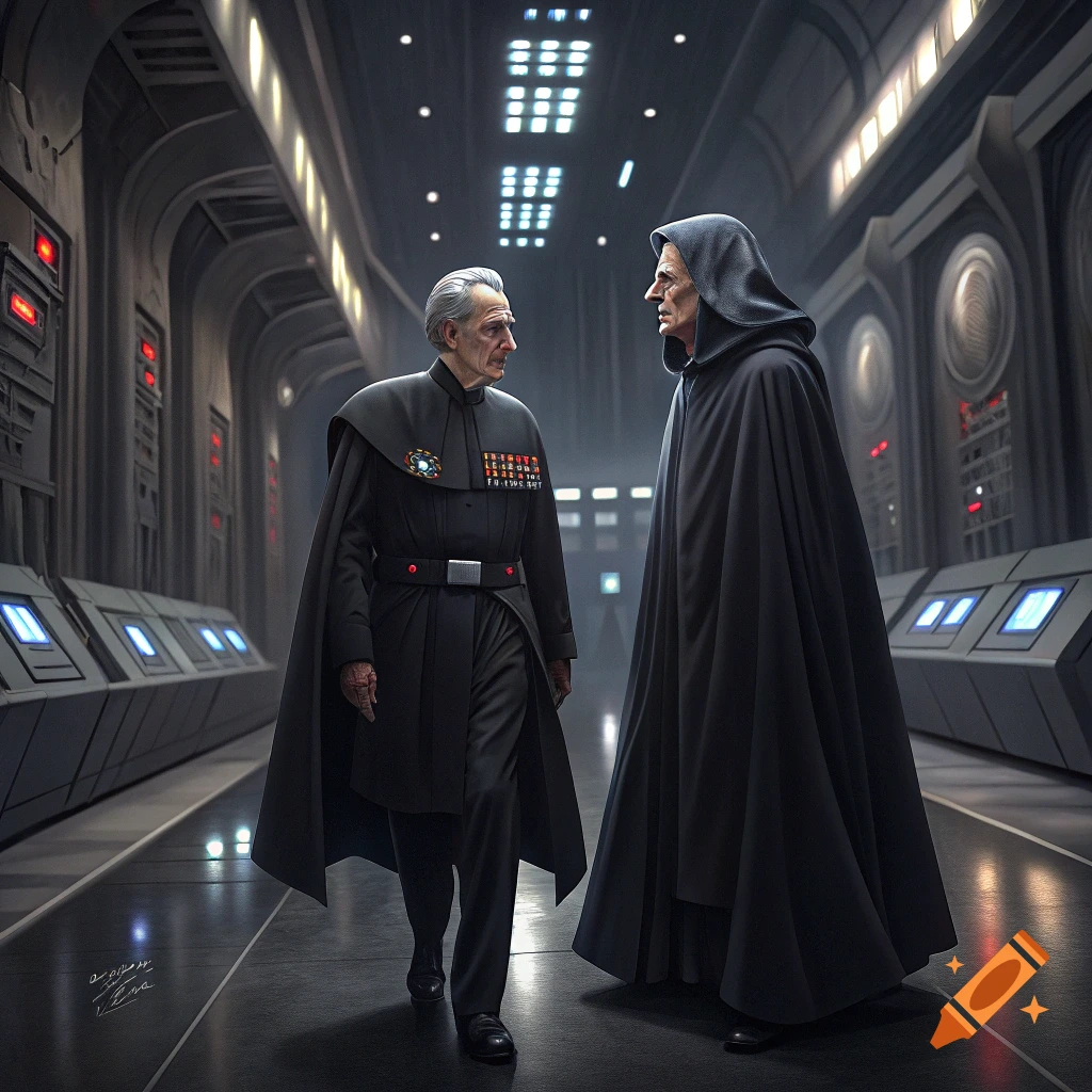 Two figures resembling Tarkin and Palpatine walk in a sci-fi corridor.