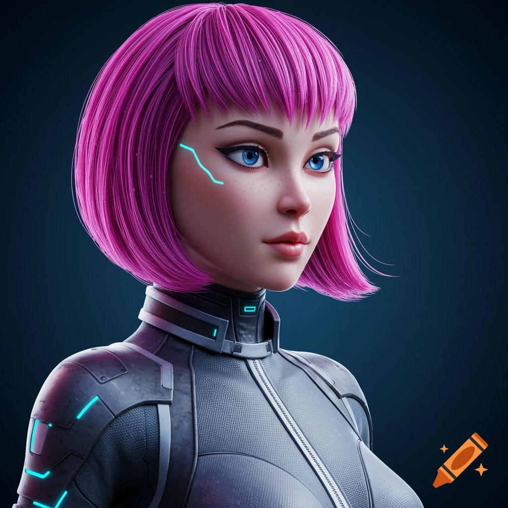 A 3D render portrait of a futuristic woman with short pink hair and cybernetic facial markings, wearing a grey suit.