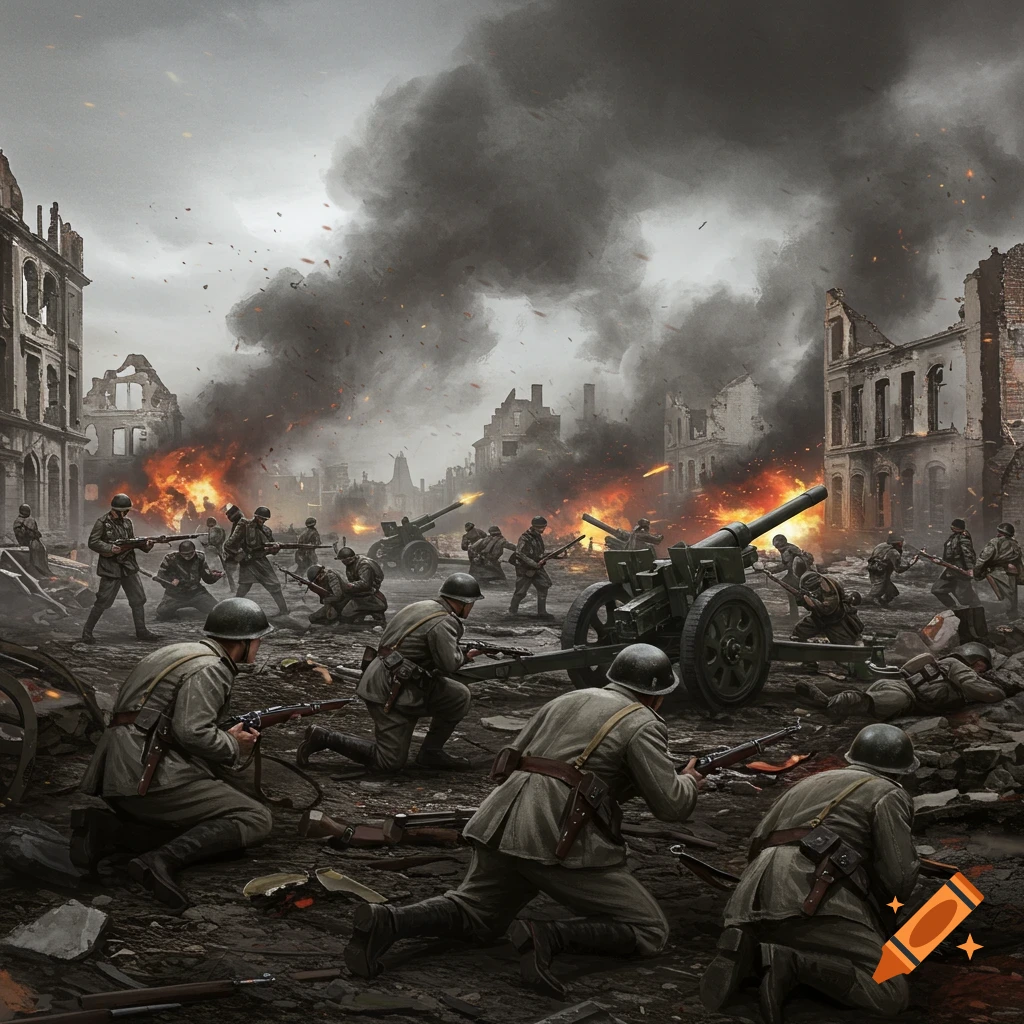soldiers in a chaotic battle scene with explosions and ruined buildings.
