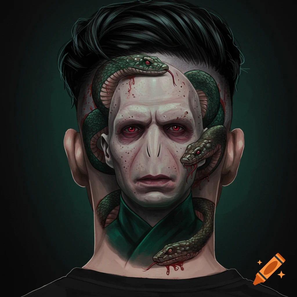 A depiction of Voldemort's face and snakes on the back of a person's head.