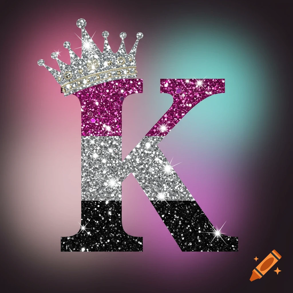A glittery letter K wearing a crown on a blurred background.