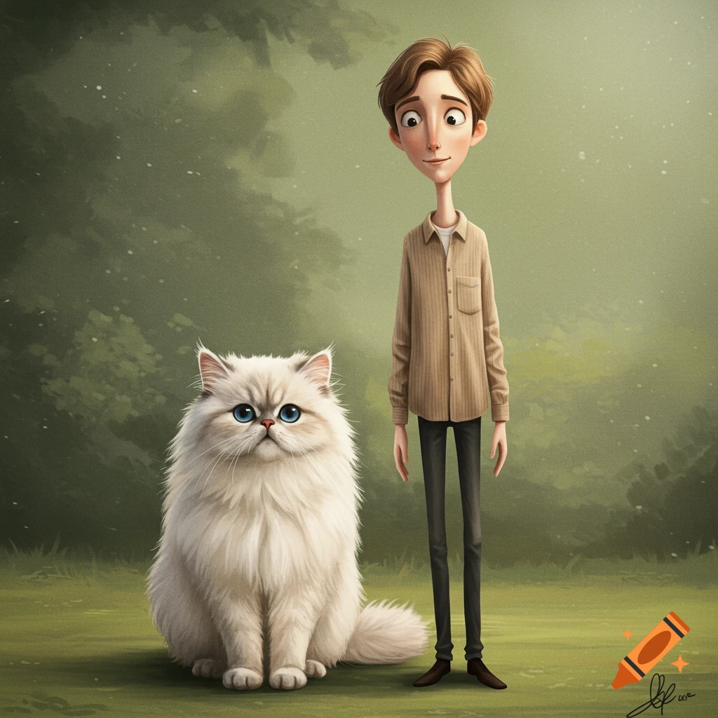 A fluffy white cat sits next to a tall, slender person in a field.