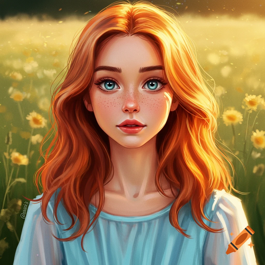 A portrait of a red-haired girl with blue eyes and freckles, in a field of yellow flowers.