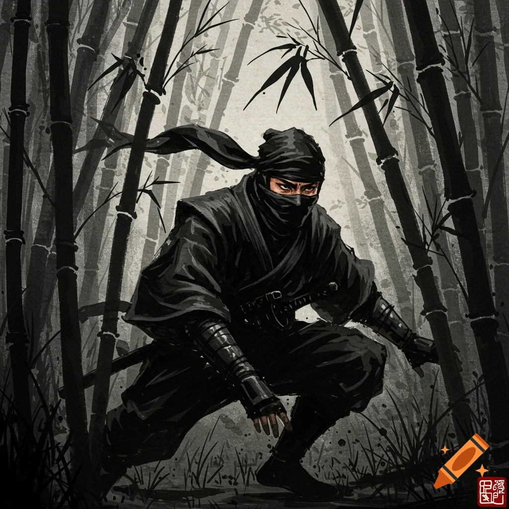 Ink painting of a ninja in a bamboo forest.