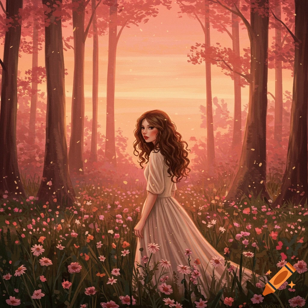 A woman in a white dress stands in a flower-filled forest at sunset.