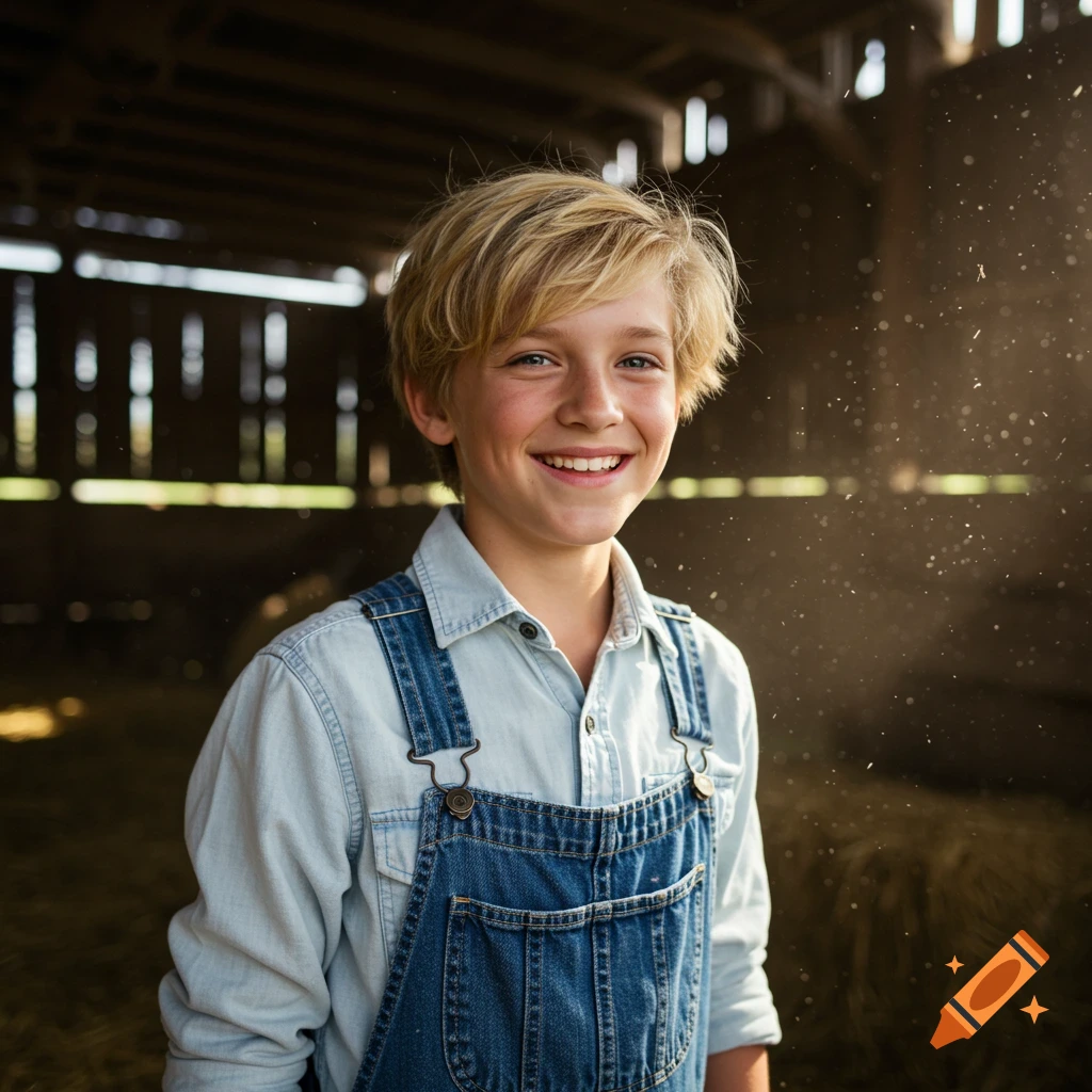 Smiling boy in overalls inside a rustic barn.