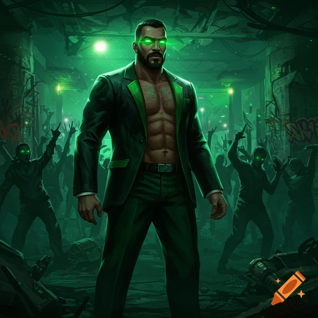 A muscular man in a suit with glowing green eyes stands among figures with glowing eyes in a dark, grunge setting. Digital art.
