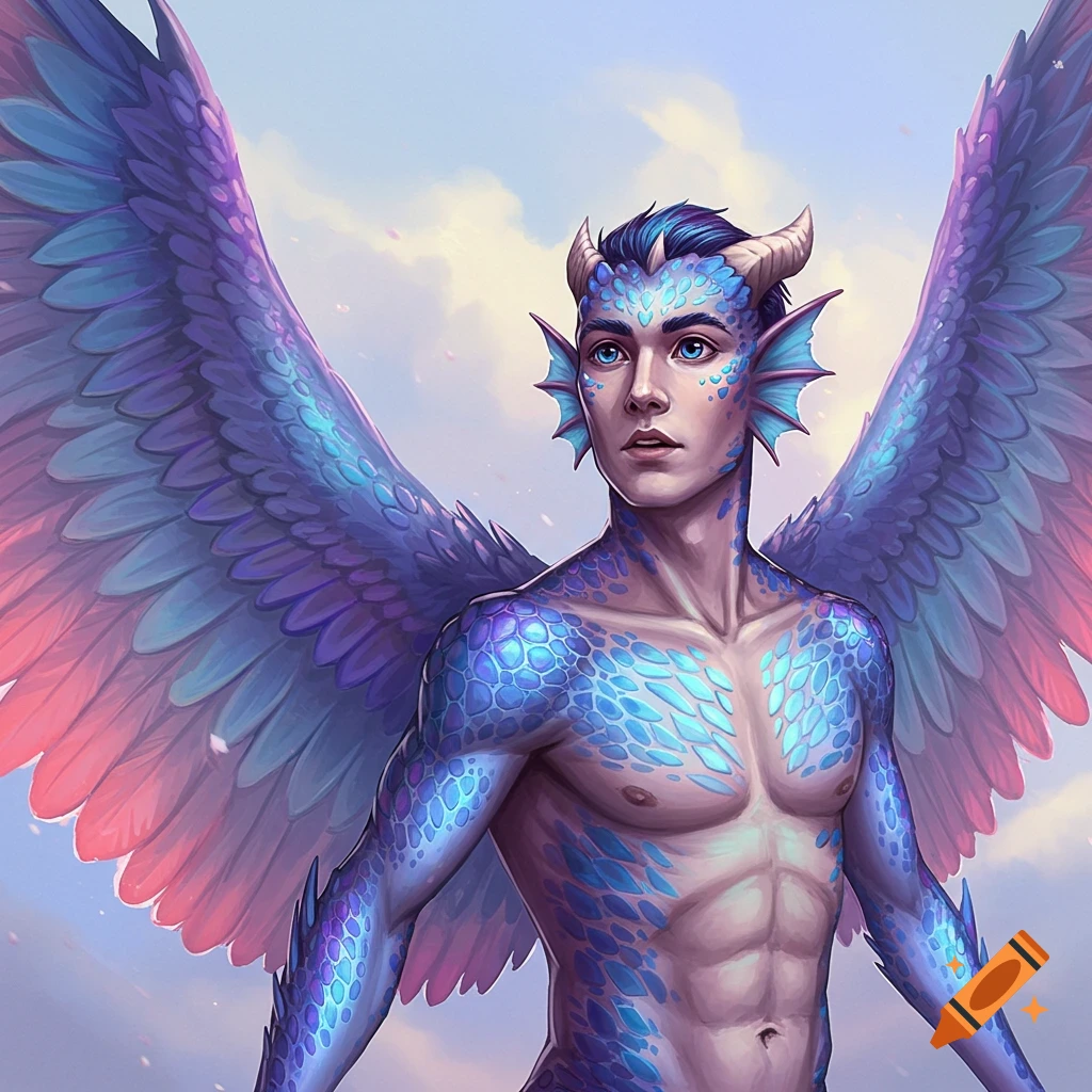 A fantasy man with large blue and purple wings, scales, and small horns.