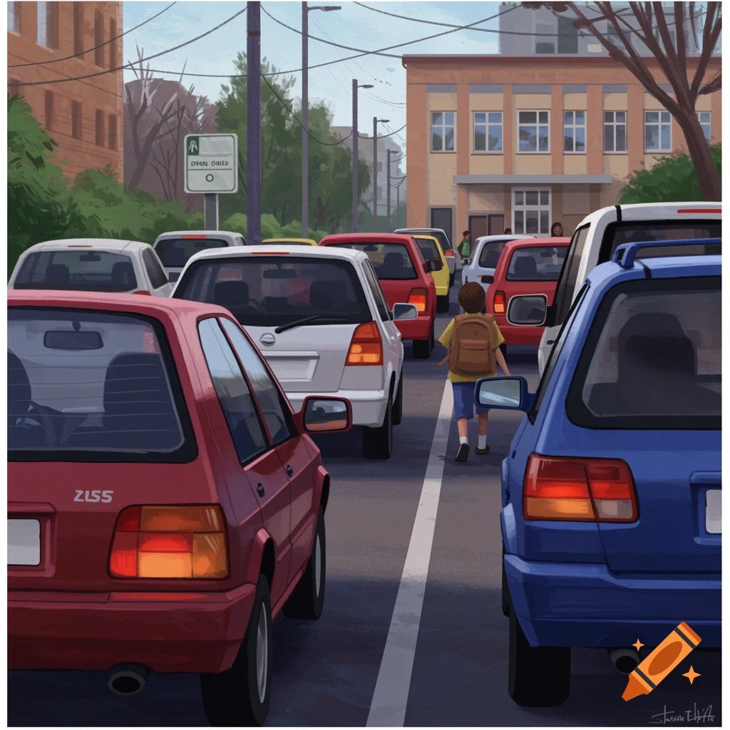A child walks through a traffic jam in front of a school.