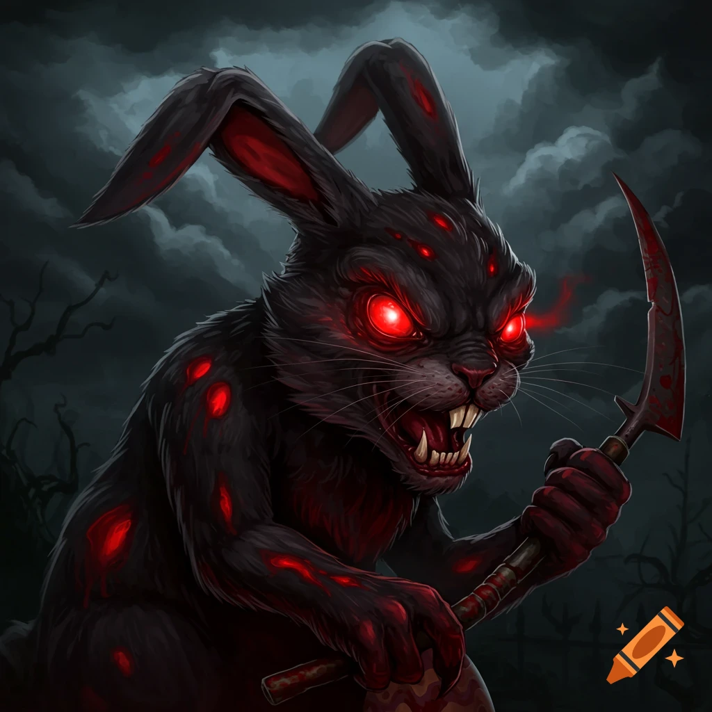 An evil rabbit with red eyes holds a bloody knife under a dark sky.