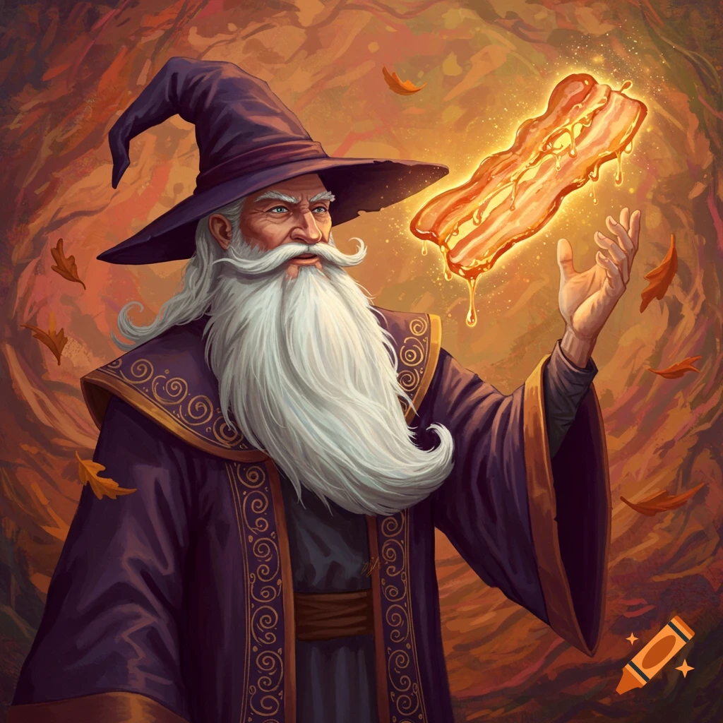 Painting of a wizard casting a spell on a glowing piece of bacon.