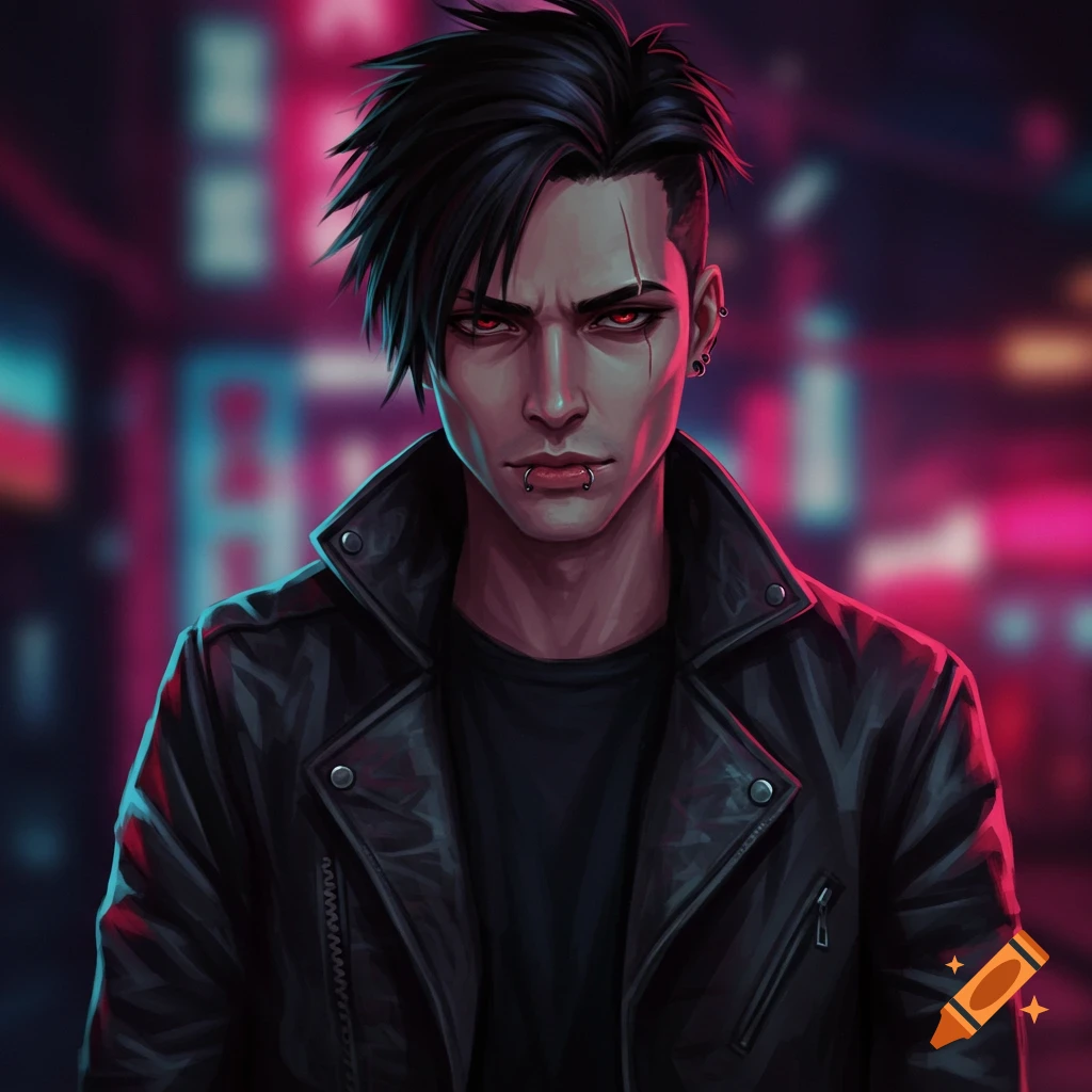 A man with black hair, eyebrow cut, lip piercing, wearing a leather jacket in a neon city.