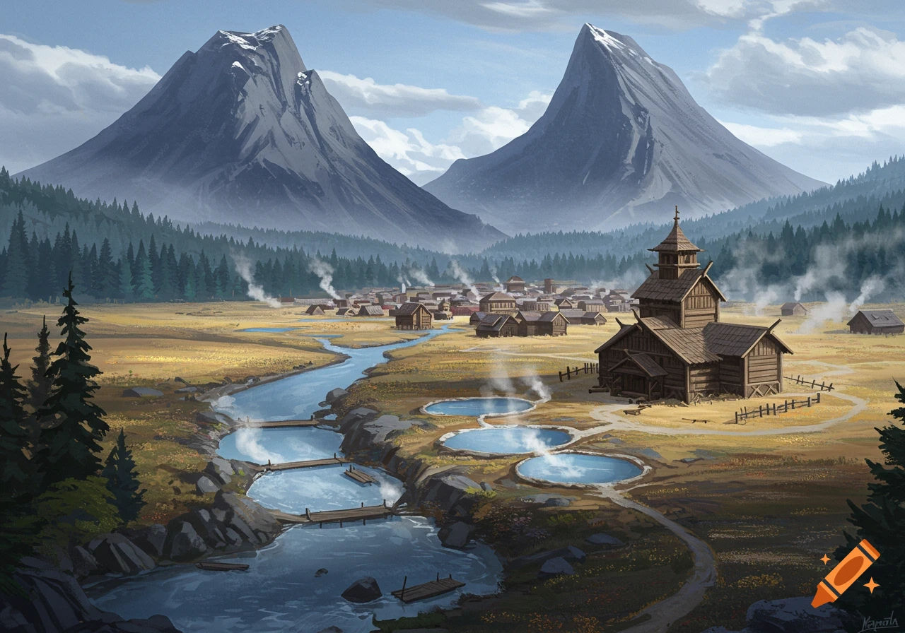 A northern-European village nestled between two mountains, with a river, geothermal pools, and forests.