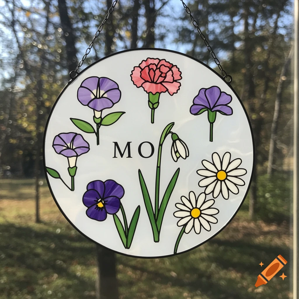 Circular stained glass art with flowers and 'MO' text, hanging in a window.