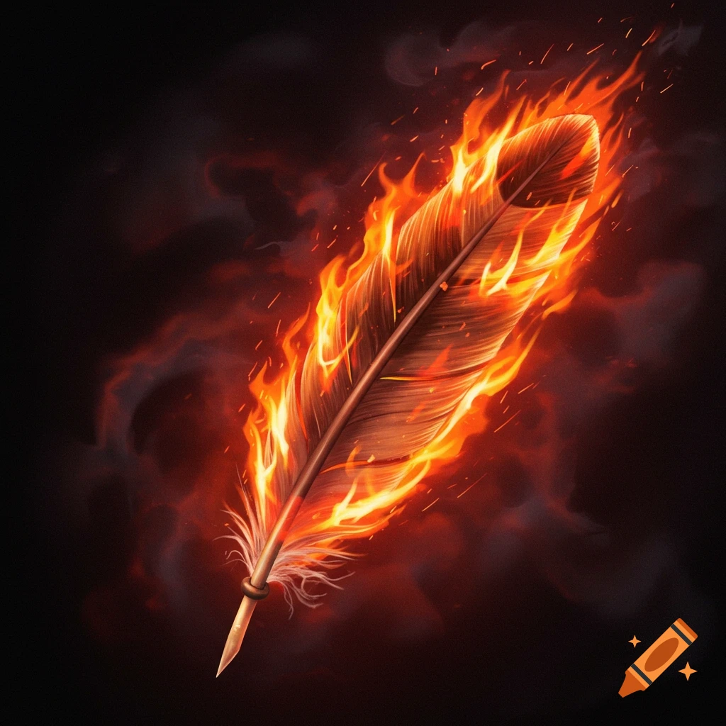 A hawk feather engulfed in bright orange flames.