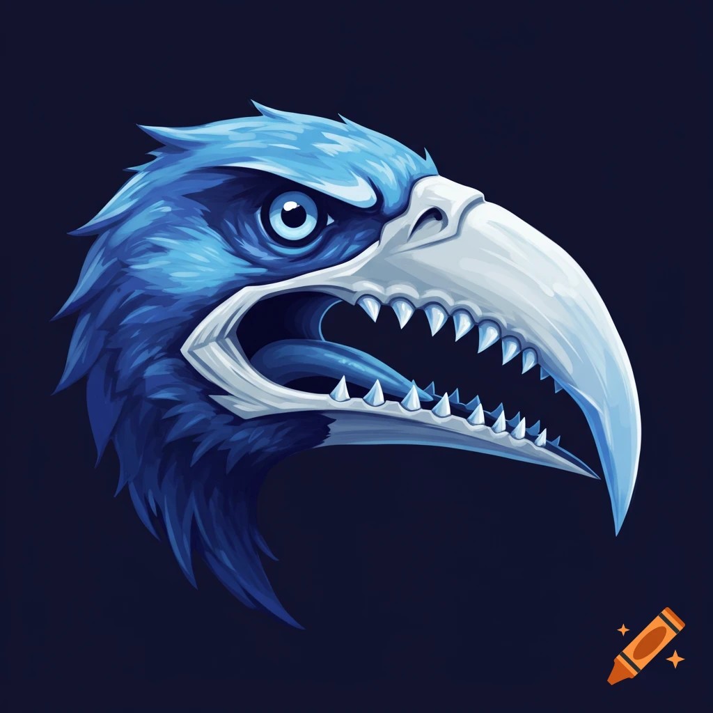 A close-up of a blue bird's head with an open beak and sharp teeth is depicted on a dark background.