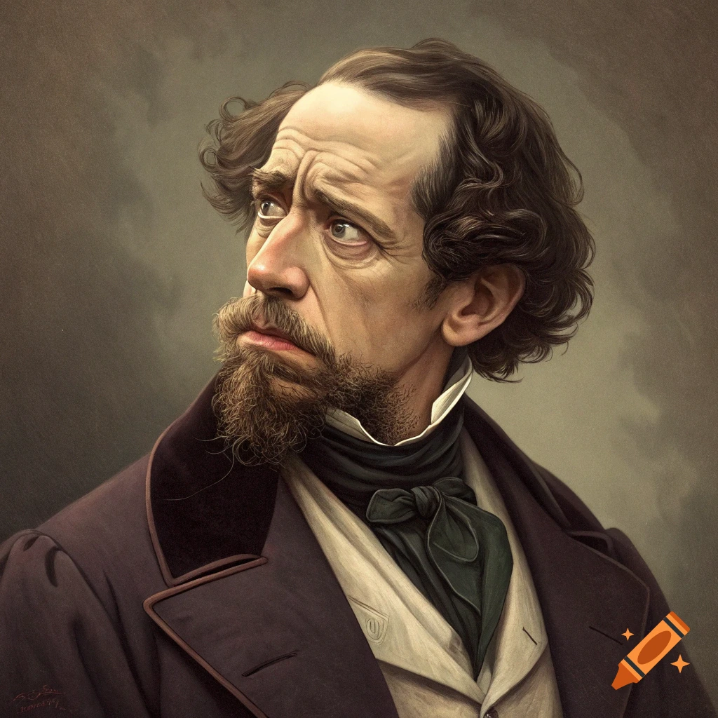 Portrait of Charles Dickens looking disgusted in a painted style.