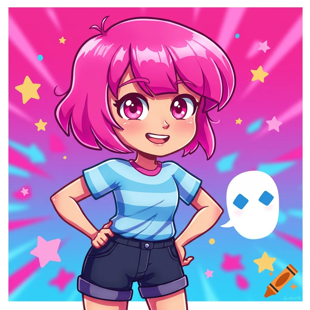 A cute cartoon girl with pink hair, blue striped shirt, and dark shorts stands against a bright pink and blue star background.