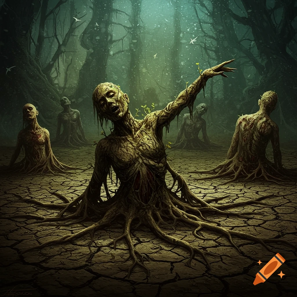 Mud and root-covered figures emerge from cracked earth in a dark, misty forest.