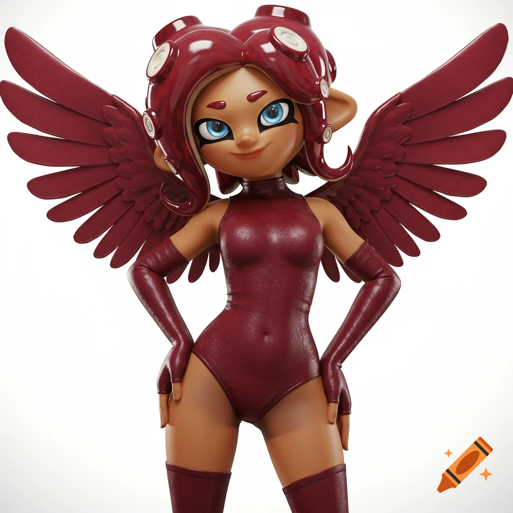 3D render of Splatoon Octoling with burgundy bodysuit and wings
