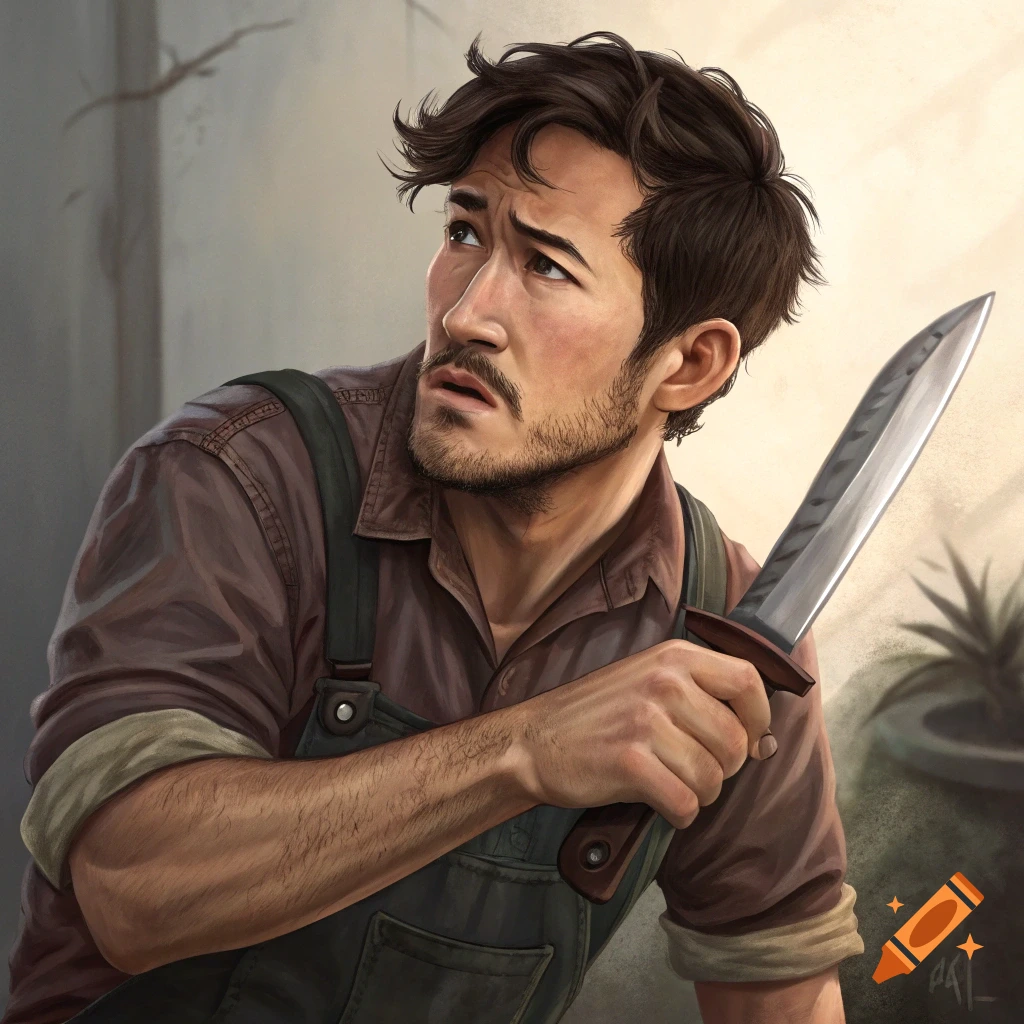 Realistic illustration of Markiplier looking up nervously while holding a large knife.