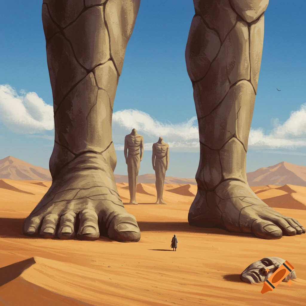 Giant stone legs and headless statues stand in a desert with a small figure and shattered face.