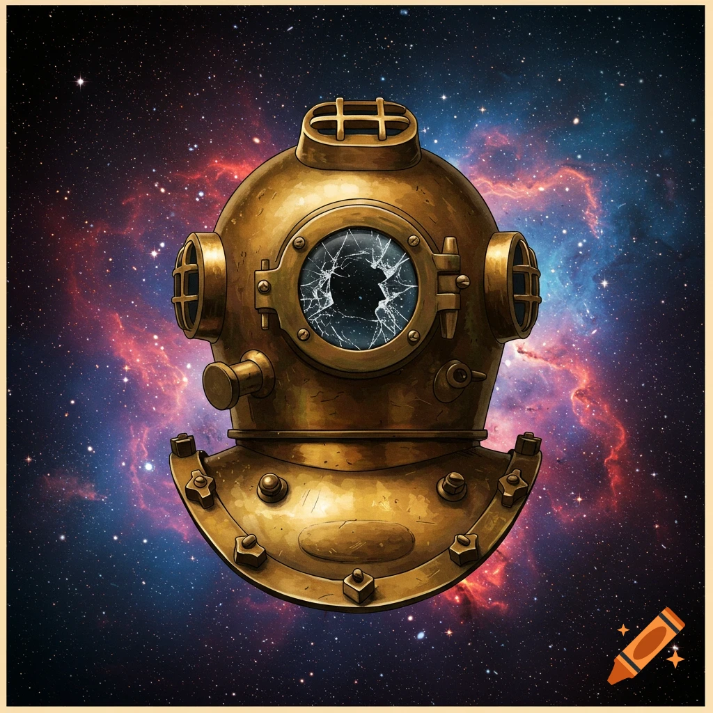 A vintage dive helmet with cracked glass in space against a nebula