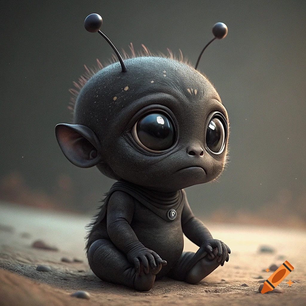 Cute black alien baby sitting on the ground.