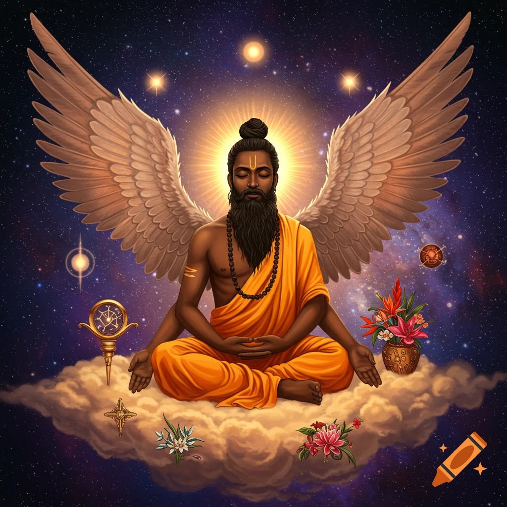 A winged Indian sage is meditating on a cloud in space.