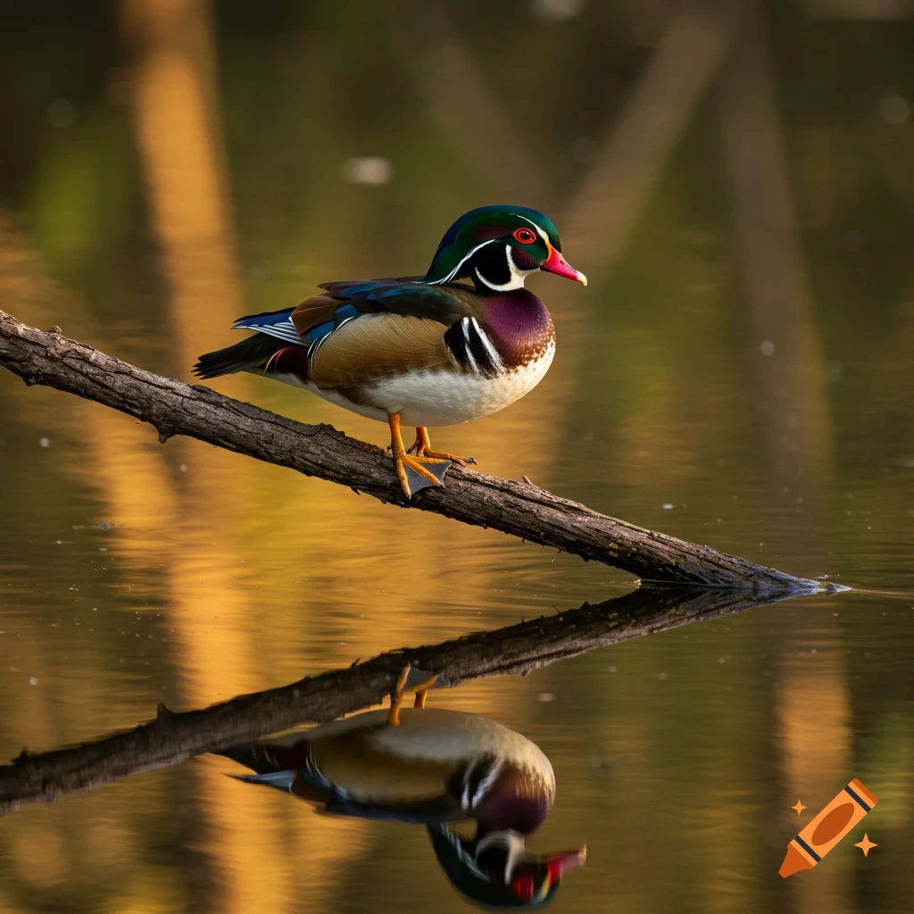 A vibrant wood duck with green, purple, and white markings sits on a branch above water, its reflection visible.