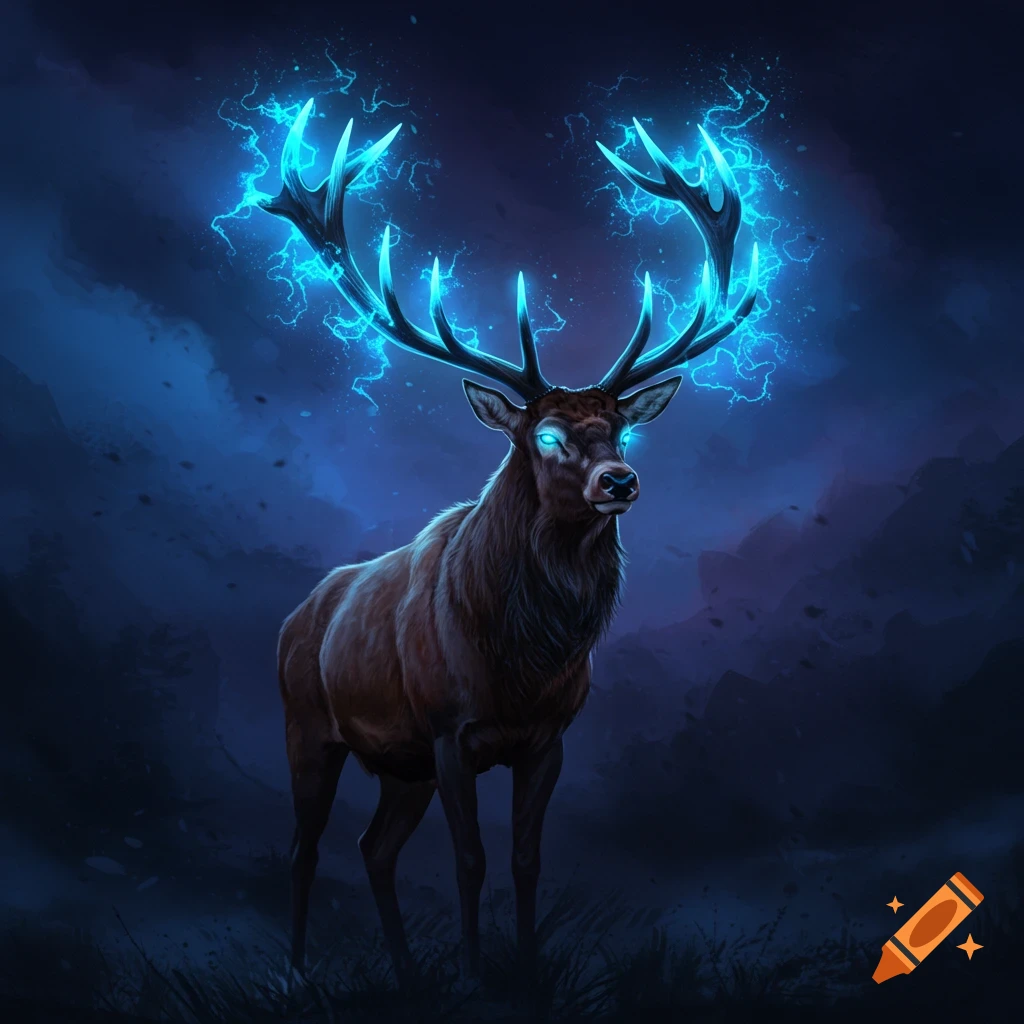 An elk with blue lightning on its antlers and glowing eyes stands in a dark landscape.
