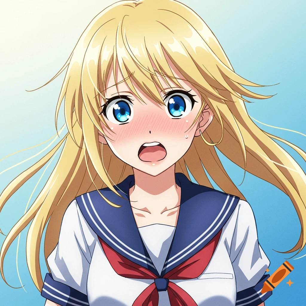 Anime portrait of a blonde schoolgirl with blue eyes, looking shocked and blushing.