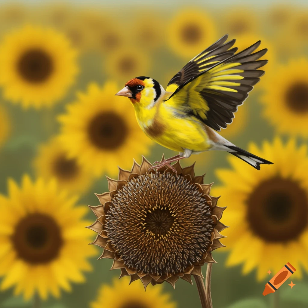 A goldfinch perches on a dried sunflower head in a field of sunflowers.