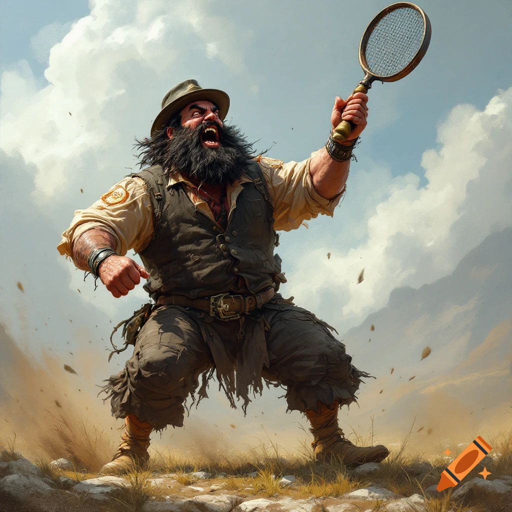 A bearded man resembling Jack Black roaring with a tennis racket