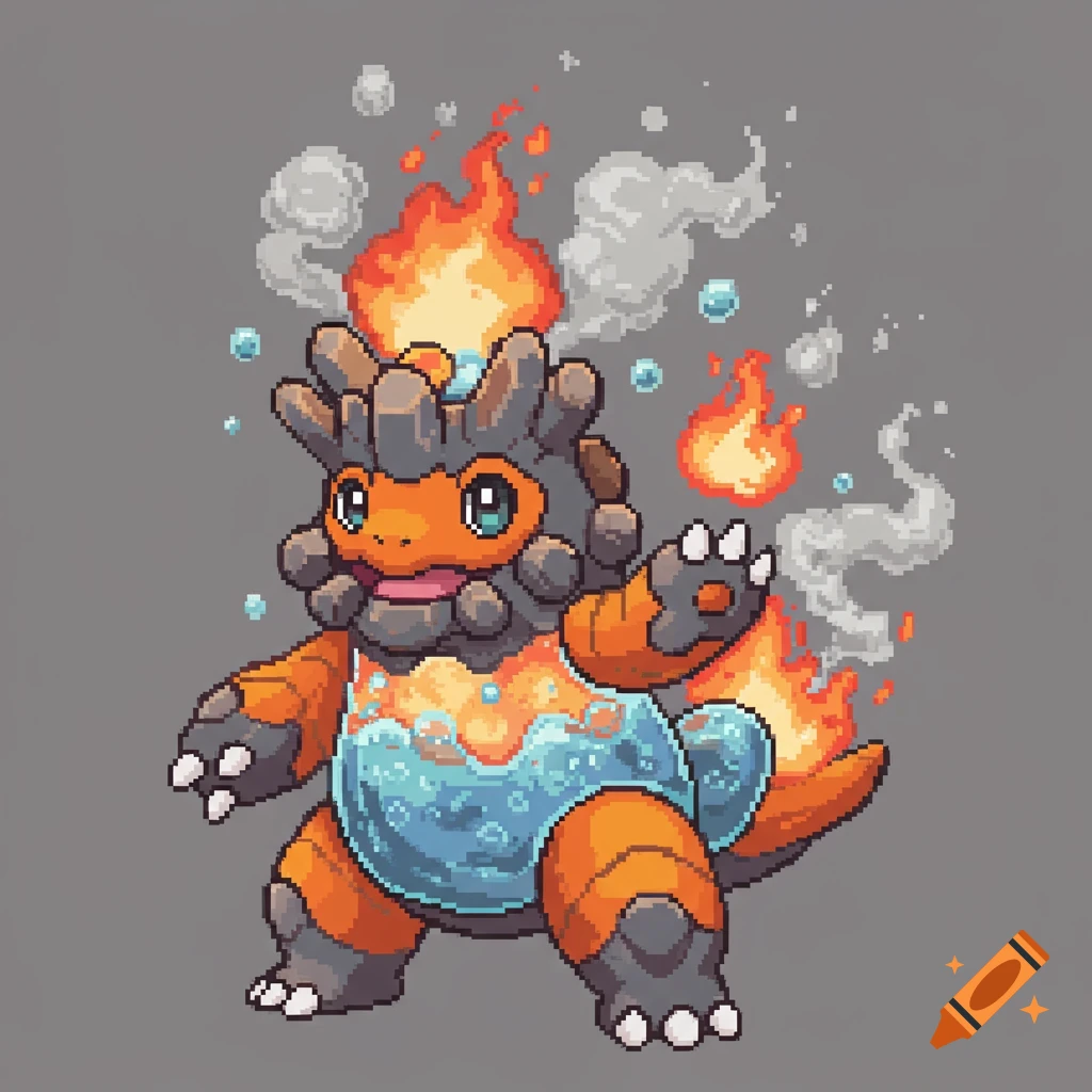 Pixel art fire-water type monster with fiery head spikes and a water belly.