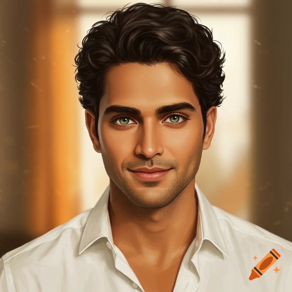 A handsome man with wavy dark hair and green eyes, wearing a white shirt, smiling.