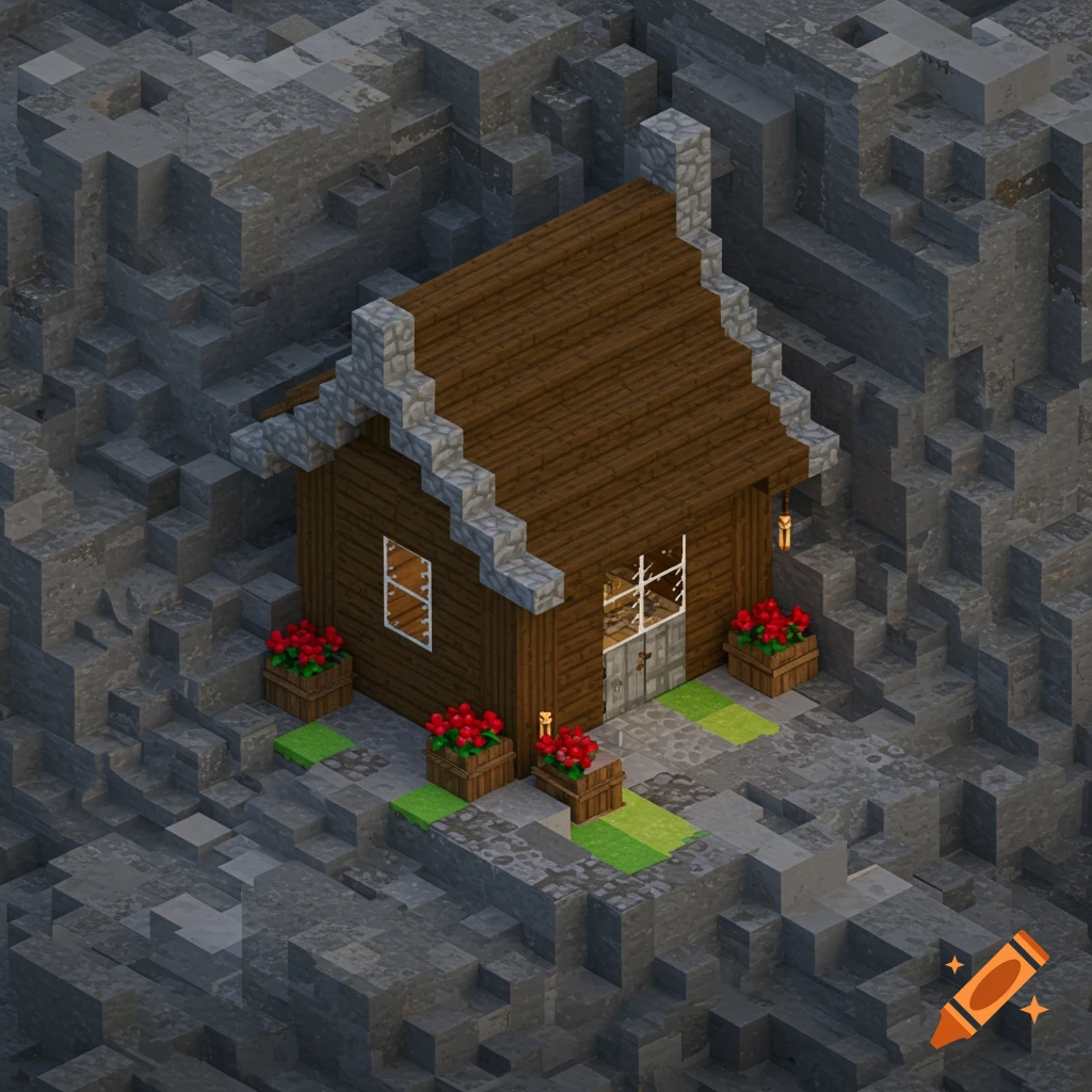 A blocky Minecraft-style house nestled in a rocky mountain landscape.