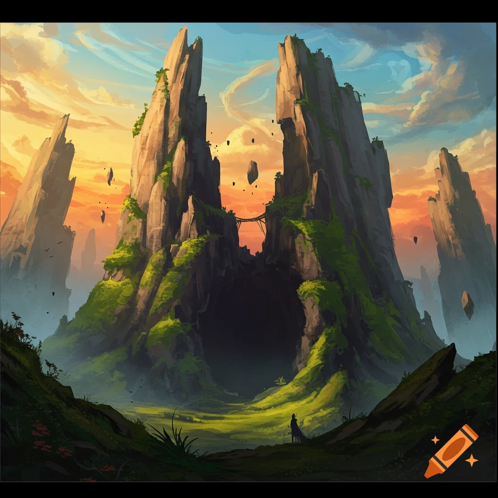 A fantasy landscape featuring a hollow mountain at sunset, with floating rocks and a small figure.