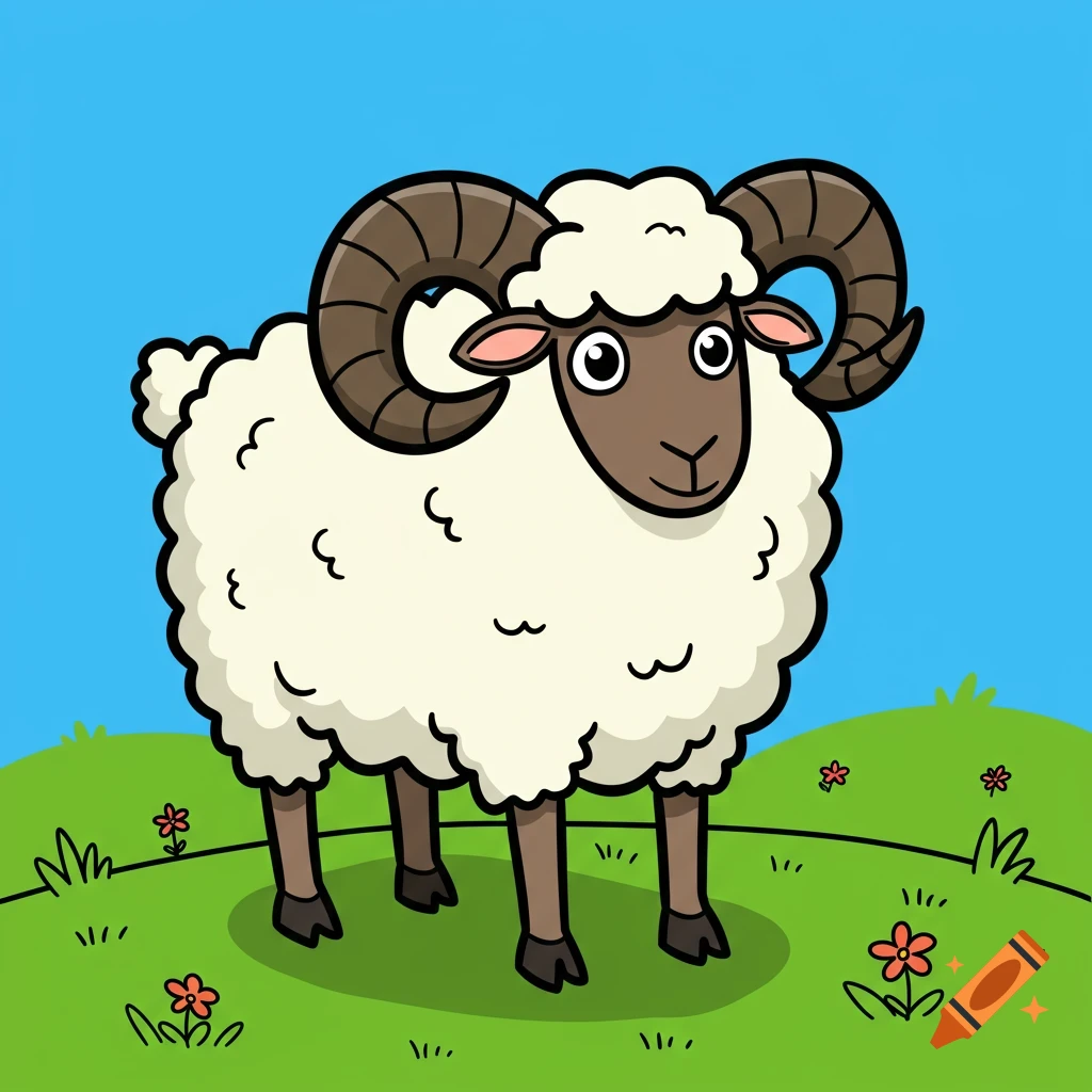 Cartoon illustration of a four-horned ram standing in a grassy field.