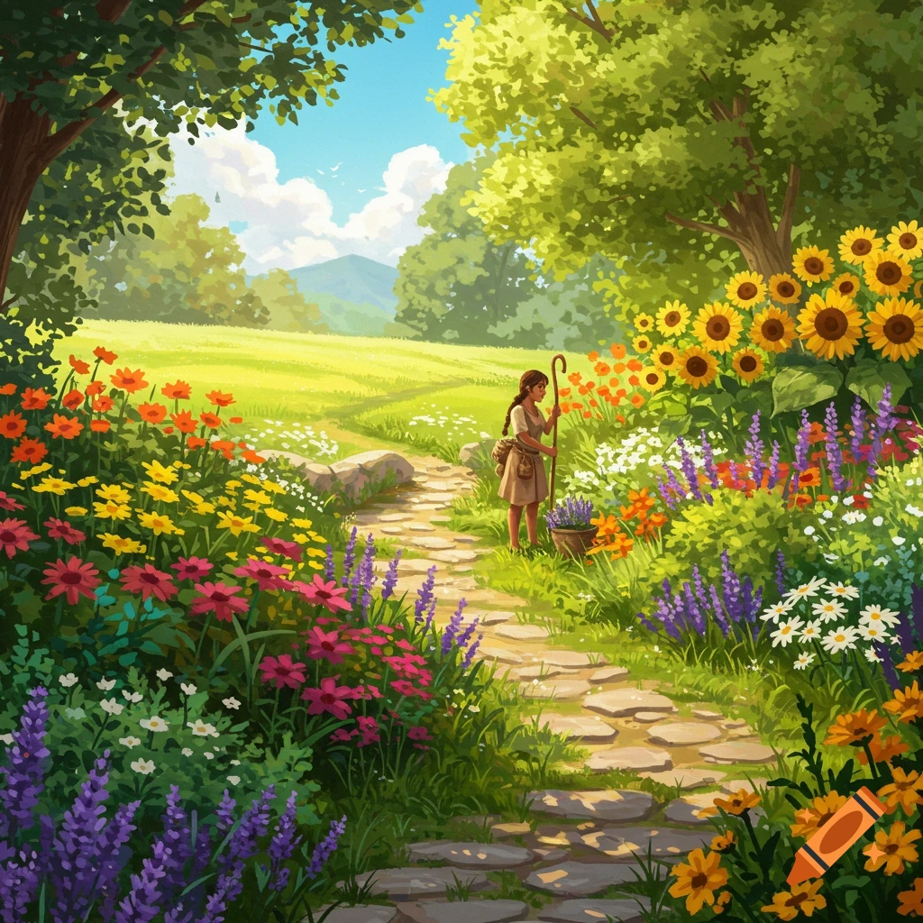 A person with a staff stands on a stone path in a lush garden filled with colorful flowers and trees.