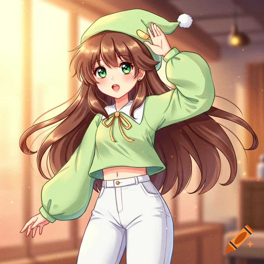 An anime girl with long brown hair and green eyes, wearing a green hat and crop top with white pants, smiling and raising her hand in a sunny room.