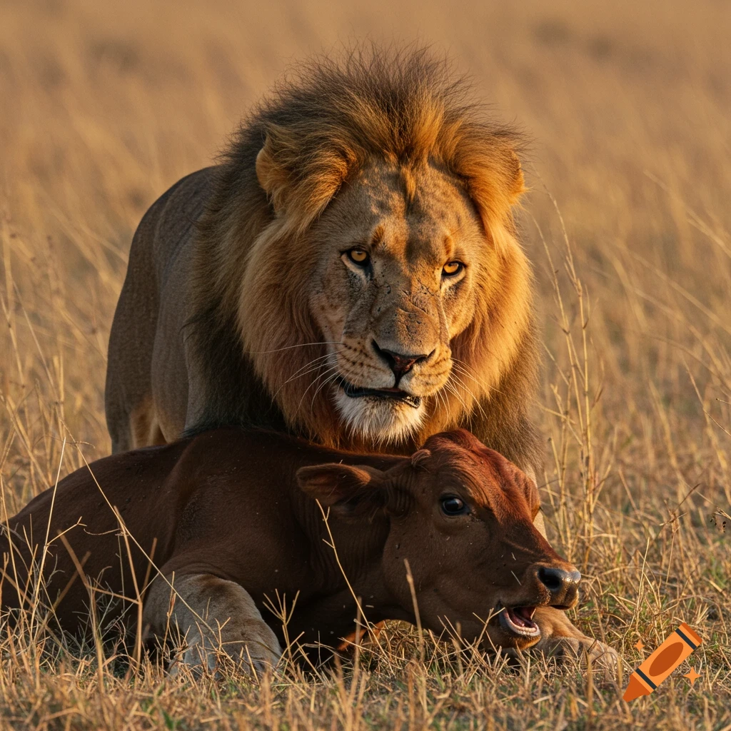 Photorealistic image of a lion standing over a calf in a grassy field.