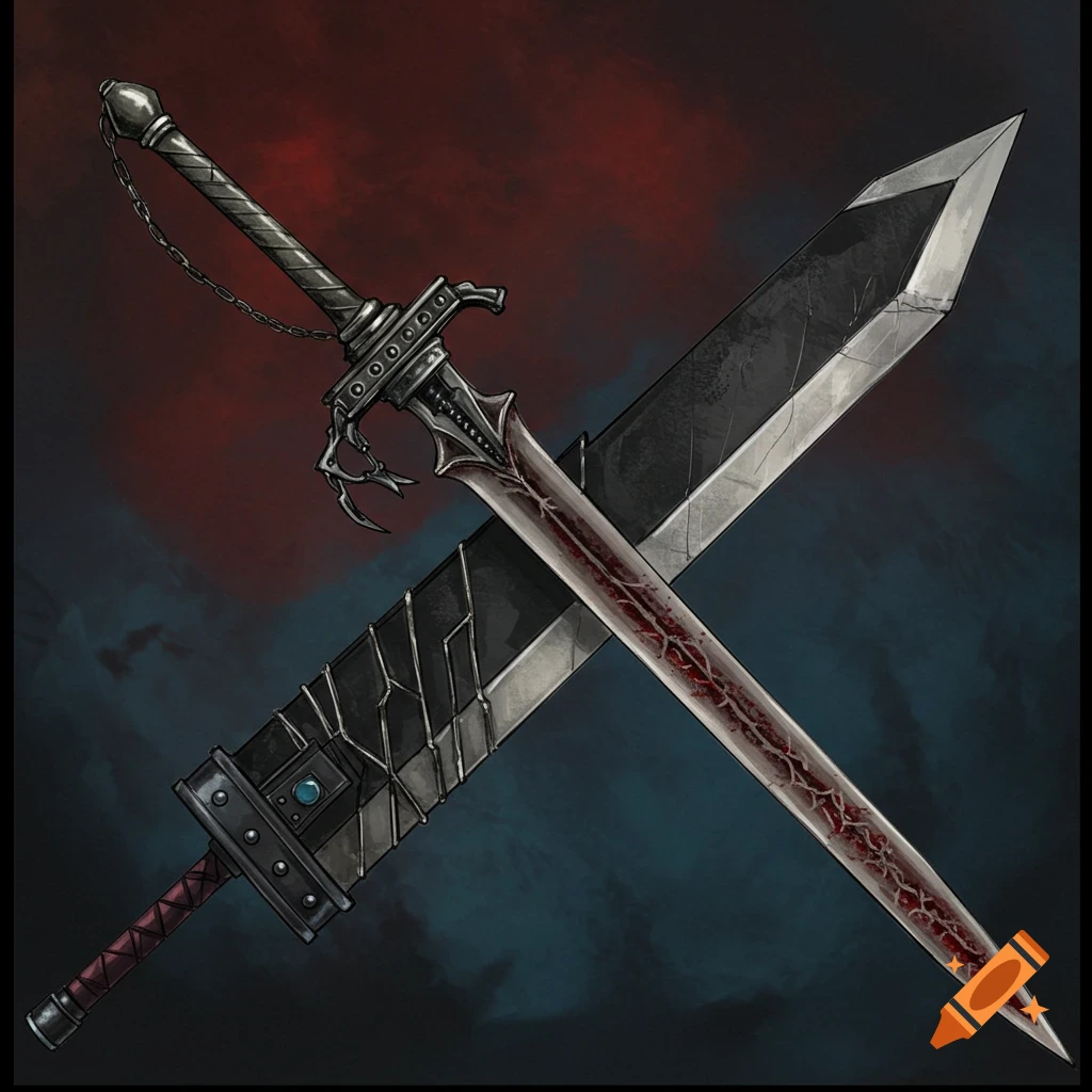 Two crossed fantasy swords, Buster Sword and Ludwig's Holy Blade