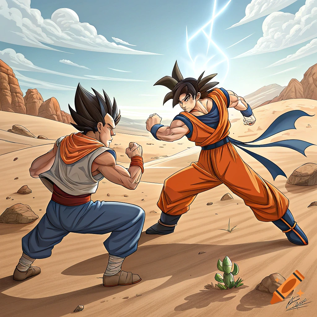 Two anime characters face off in a desert landscape, charging power.
