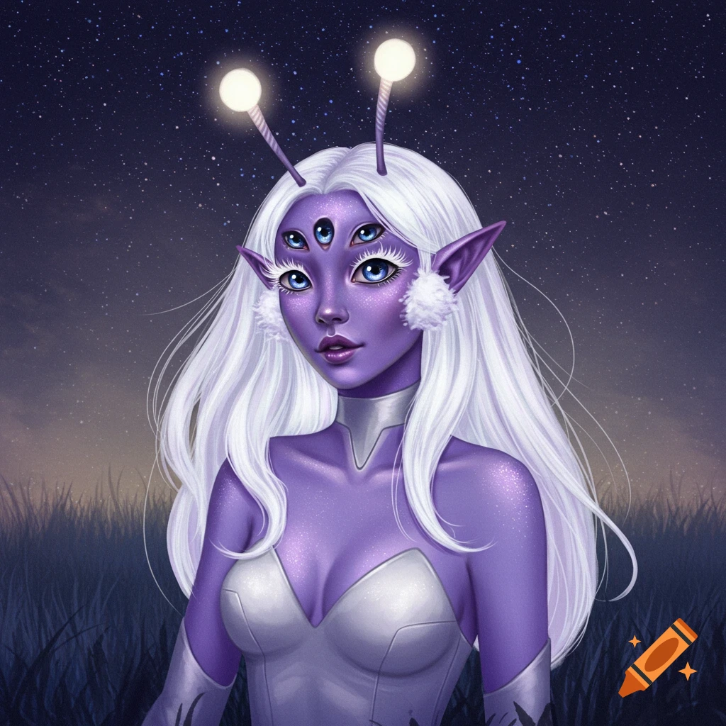Semi-realistic painting of a purple-skinned alien girl with four eyes, white hair, and antennae, under a starry night sky.