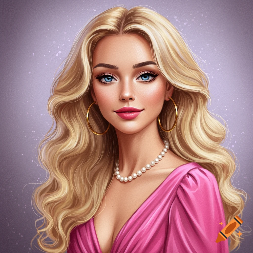 A blonde woman wearing a pink dress, pearl necklace, and hoop earrings.